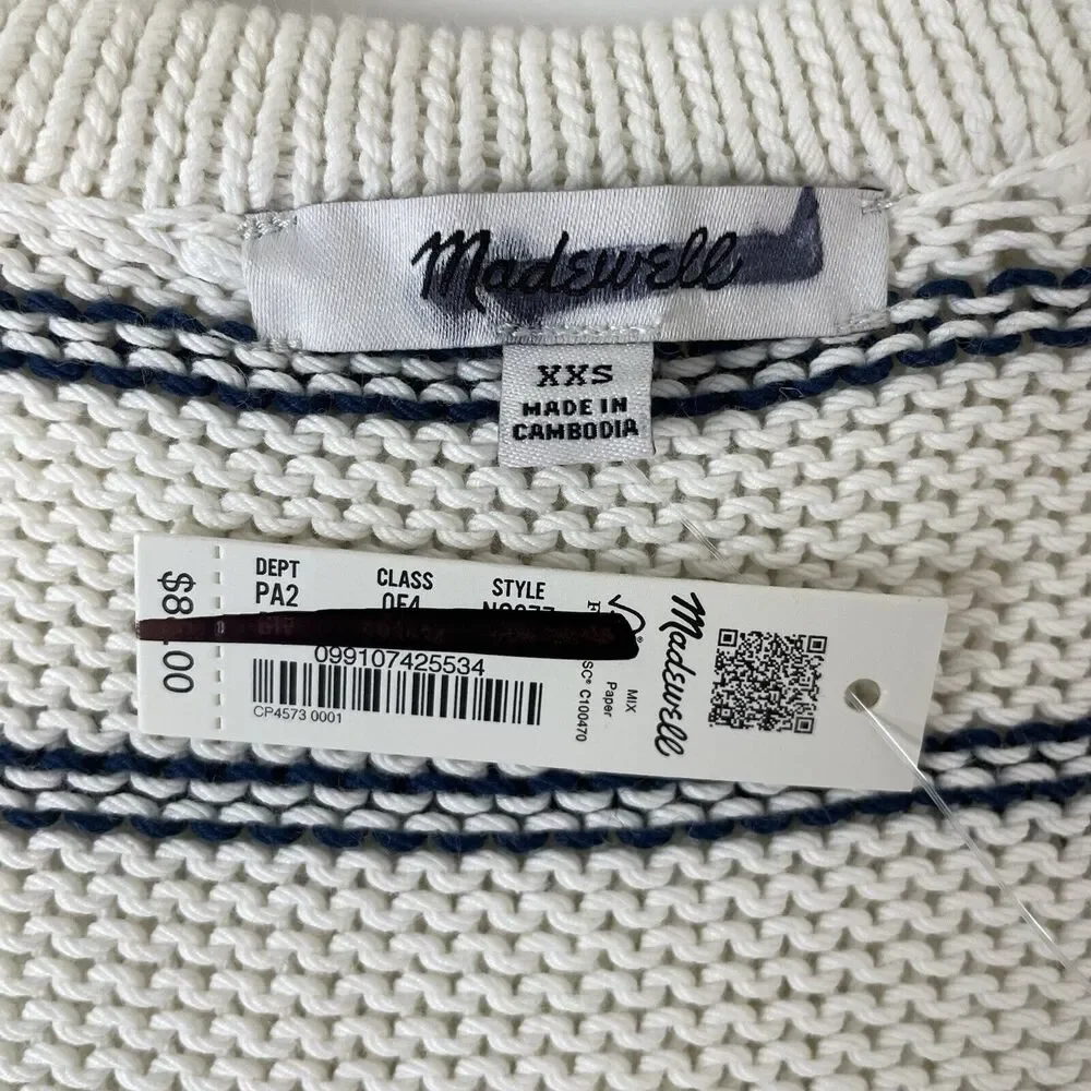 Madewell Puff-Trim Sweater Vest in Stripe Bright Ivory‎ Navy Size XXS NQ977